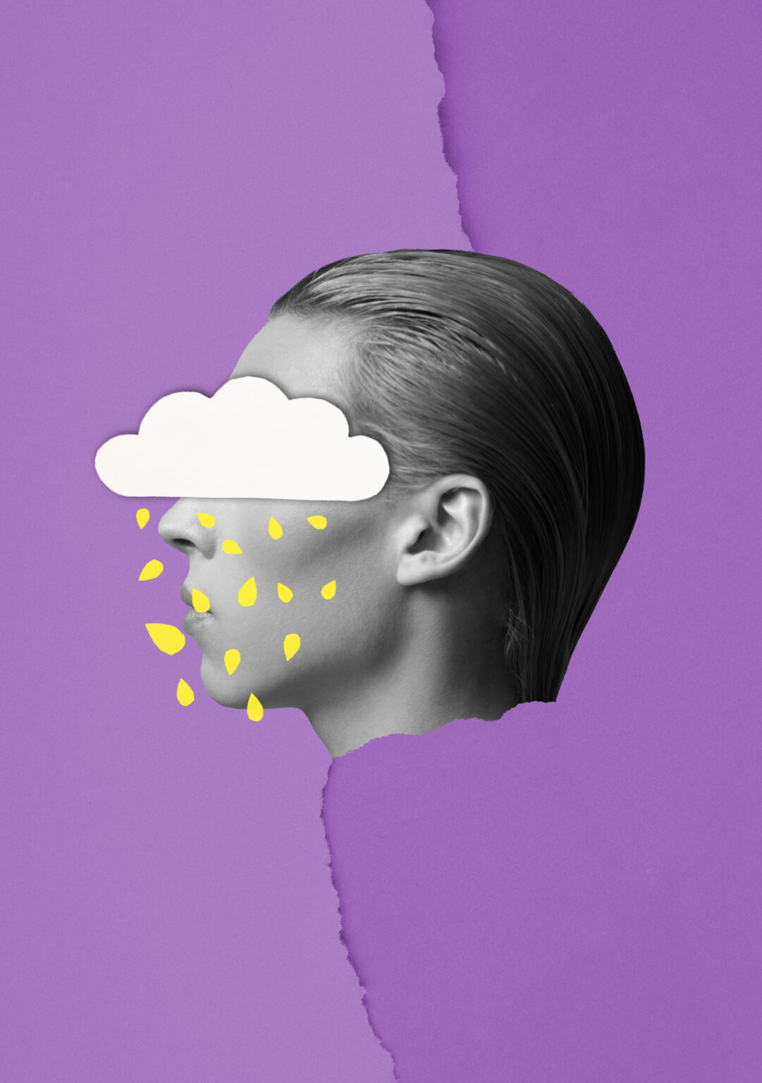 Foto colagem de uma pessoa com nuvem nos olhos, simbolizando a sensação de ansiedade